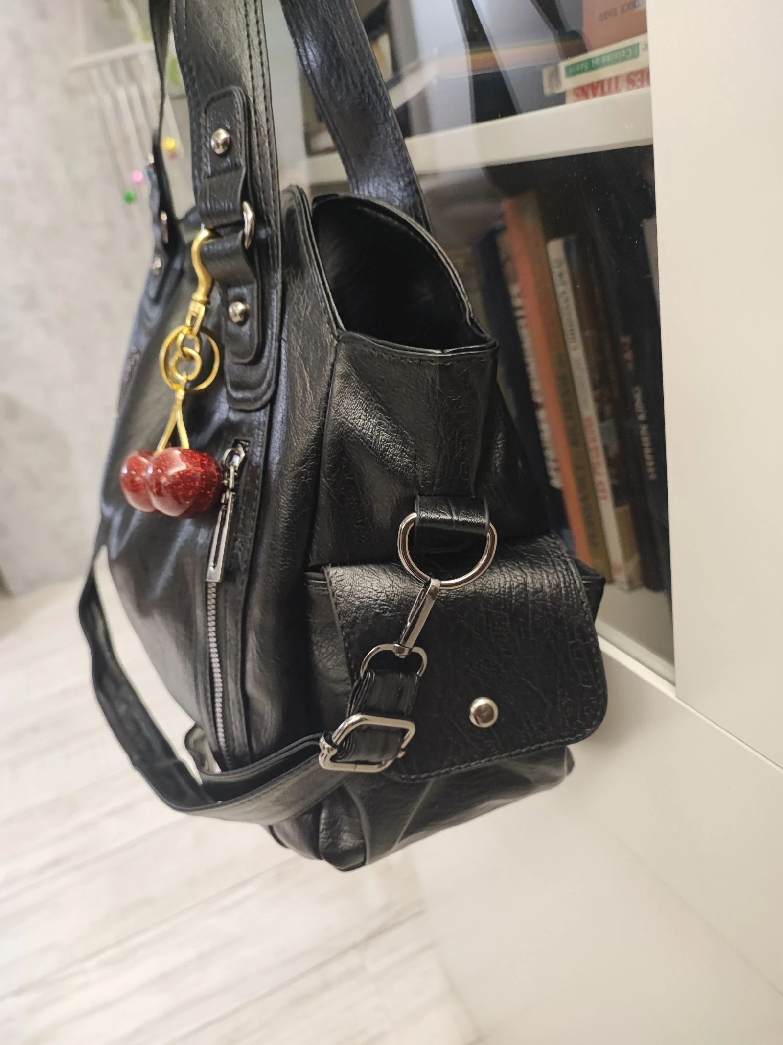 Bolsa grande capacidade couro sintético preto múltiplos bolsos – photo 4